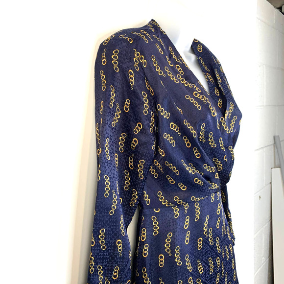Sandro Milly Dress Chain Link Print Mini Silk Navy Surplice Long Sleeves - Picture 7 of 16